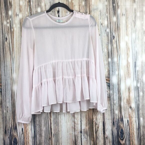 UO | Kimchi Blue Sheer Pink Ruffle Blouse | M - Picture 2 of 8